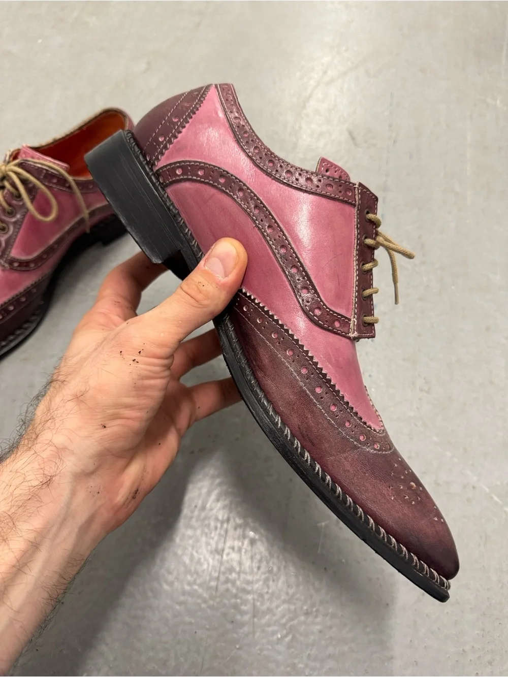 Michele Olivieri Men's Two-Tone Burgundy and Pink Wingtip Oxfords Men’s 9.5